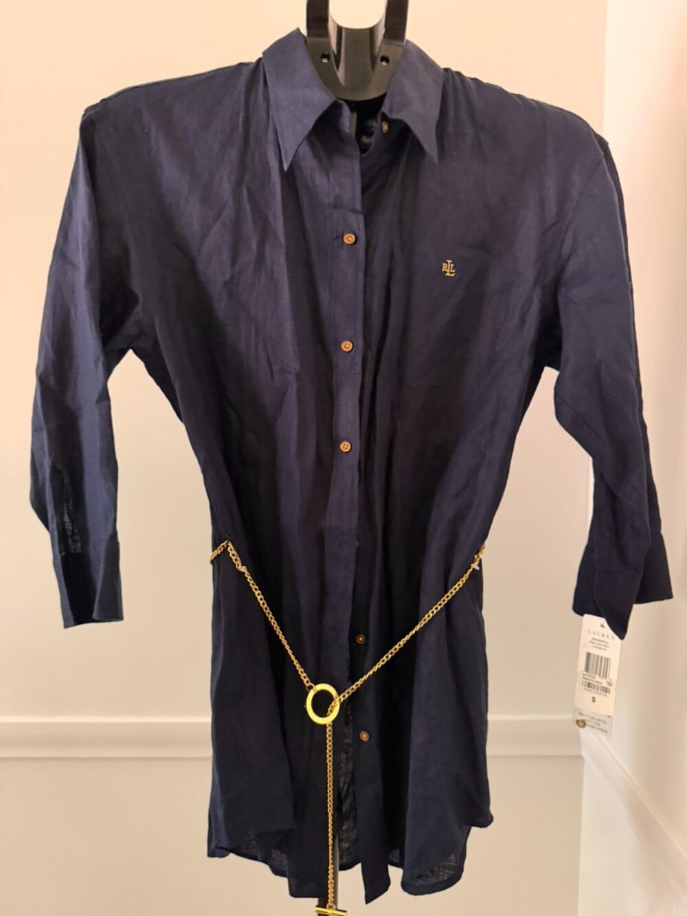 Ralph Lauren Navy Linen Shirt with Gold Chain Detail Size S